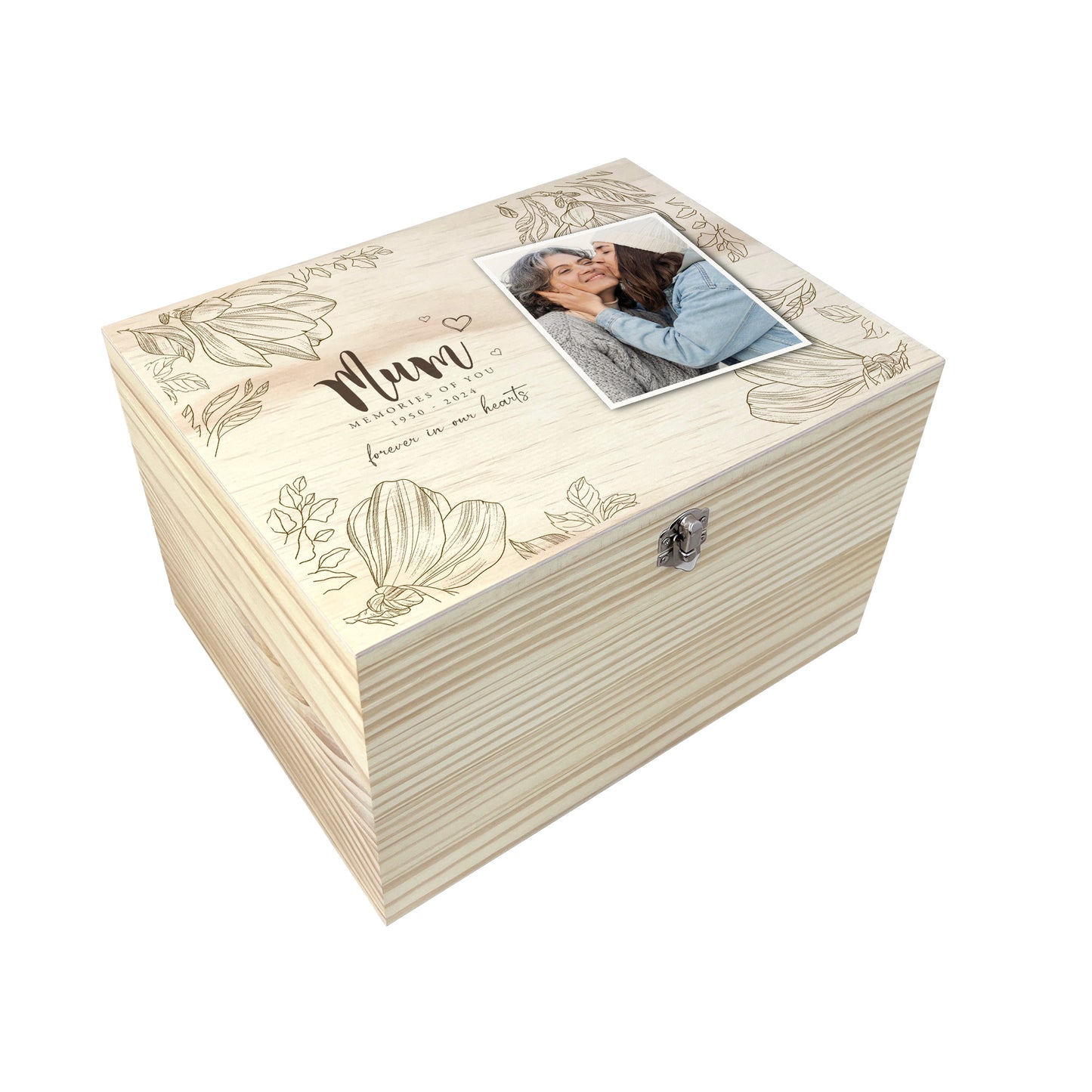 Personalised Floral Pine Wooden Memorial Photo Keepsake Memory Box - 5 Sizes (16cm | 20cm | 26cm | 30cm | 36cm)