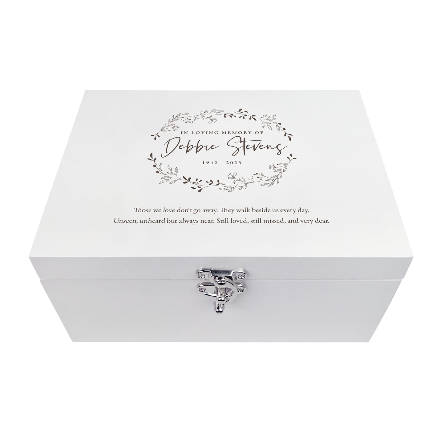 Personalised Wreath White Wooden Engraved Memory Box - 3 Sizes (22cm | 27cm | 30cm)