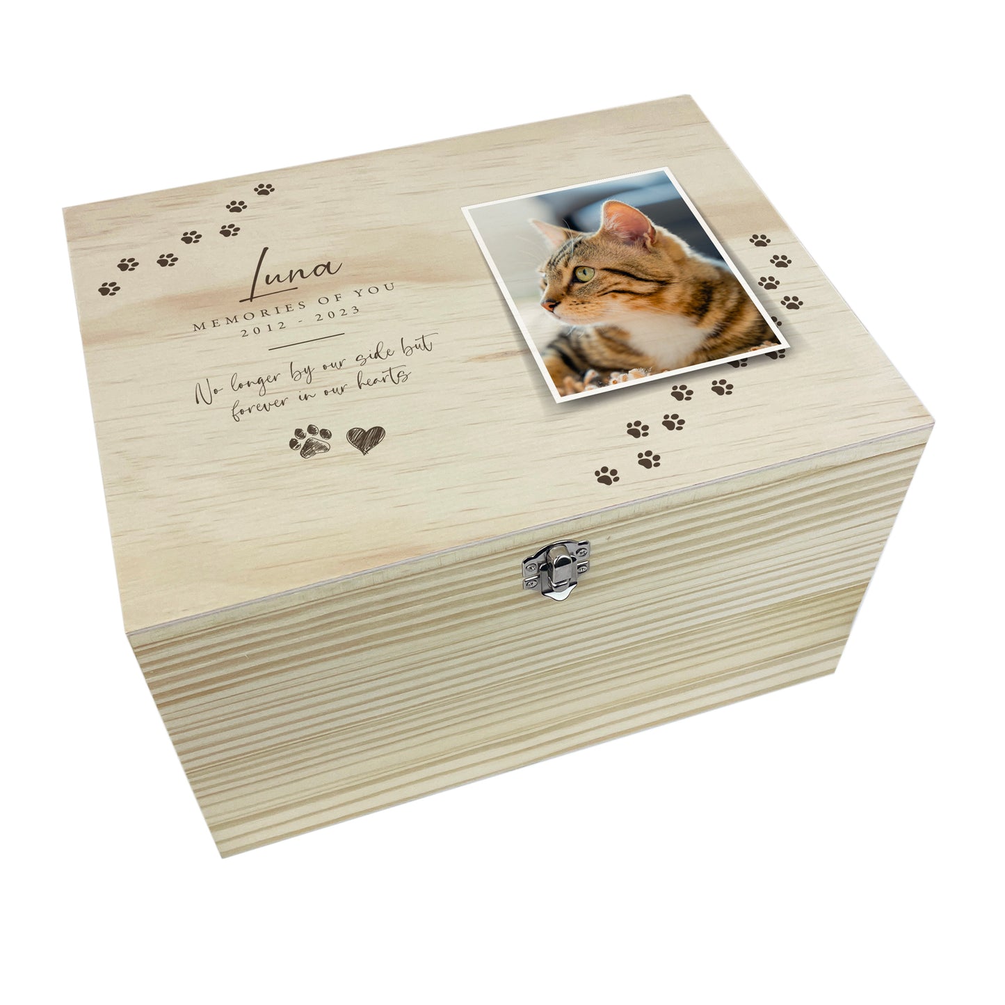 Personalised Paw Prints Pine Wooden Pet Memorial Photo Memory Box - 5 Sizes (16 cm | 20cm | 26cm | 30cm | 36cm)
