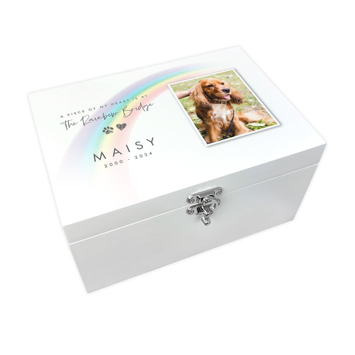 Personalised White Wooden Rainbow Bridge Pet Photo Memorial Keepsake Box - 3 Sizes (22cm | 27cm | 30cm)