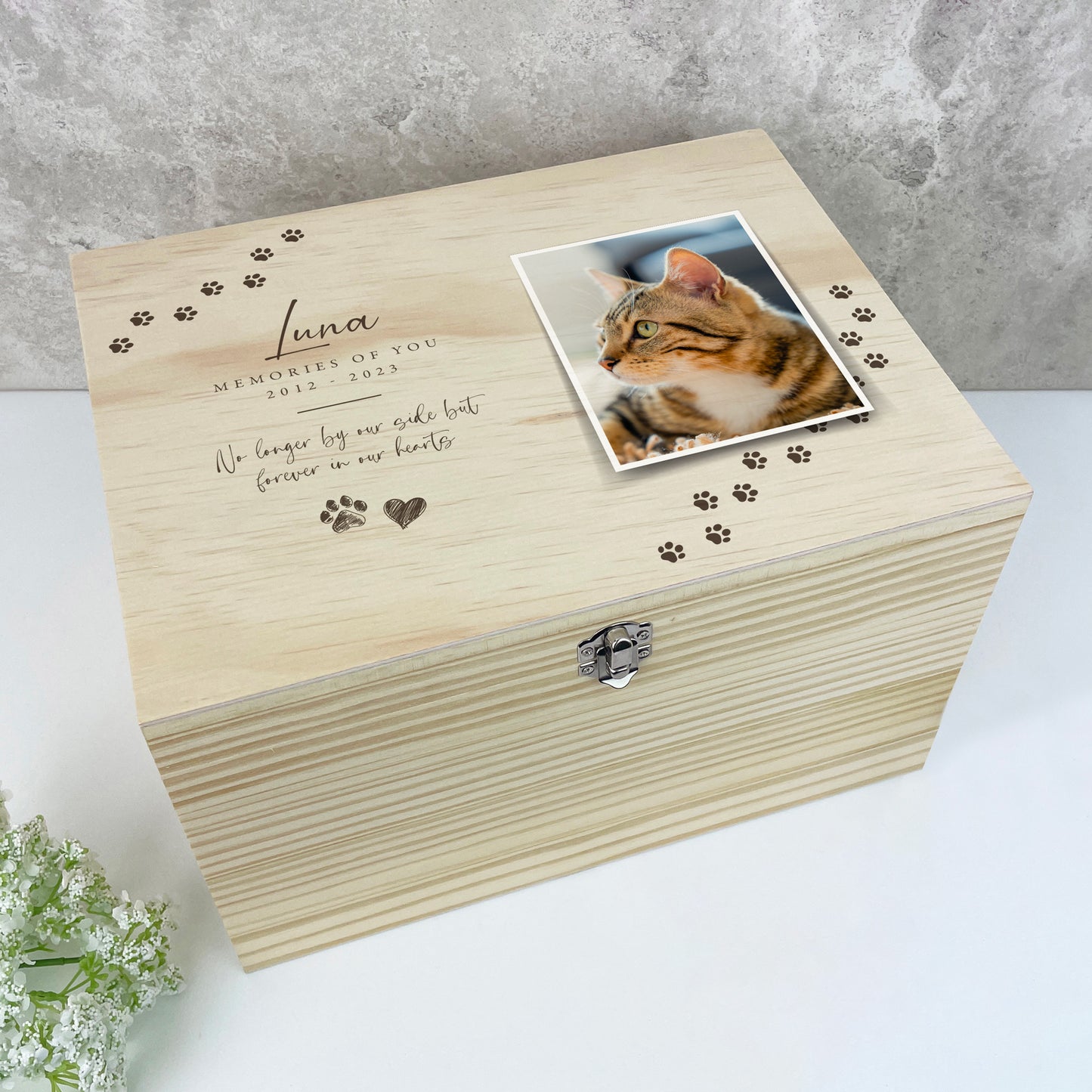 Personalised Paw Prints Pine Wooden Pet Memorial Photo Memory Box - 5 Sizes (16 cm | 20cm | 26cm | 30cm | 36cm)