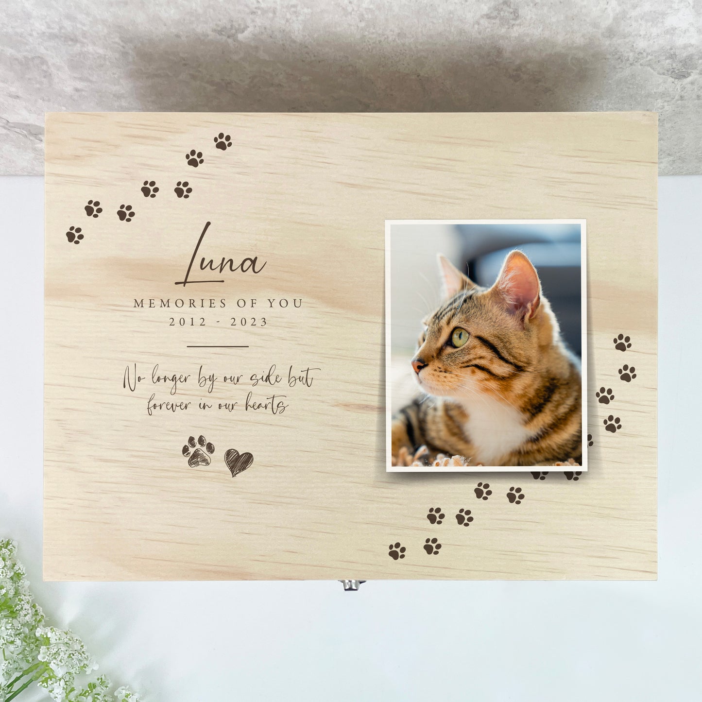 Personalised Paw Prints Pine Wooden Pet Memorial Photo Memory Box - 5 Sizes (16 cm | 20cm | 26cm | 30cm | 36cm)