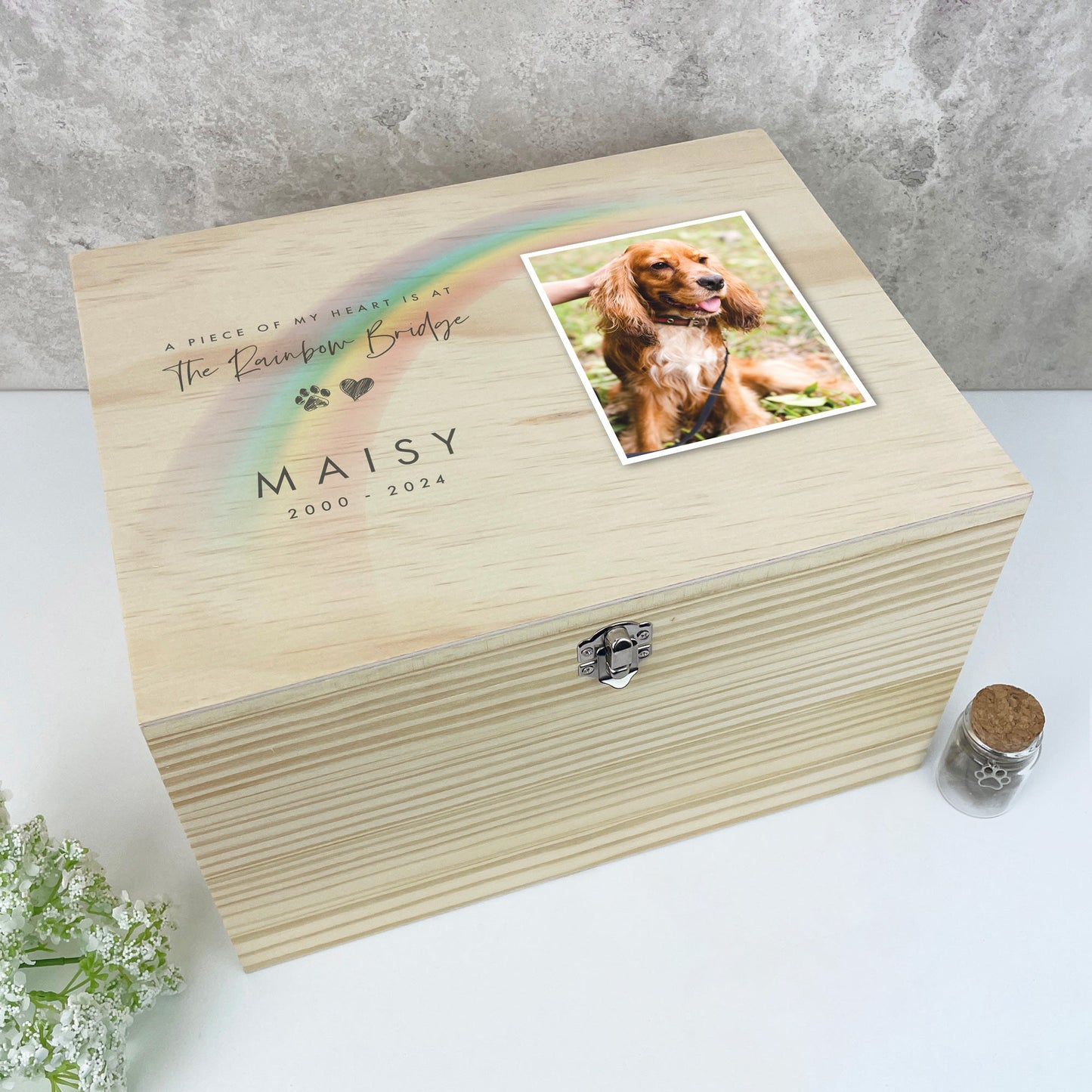 Personalised Soft Rainbow Bridge Photo Pet Keepsake Box - 5 Sizes (16cm | 20cm | 26cm | 30cm | 36cm)