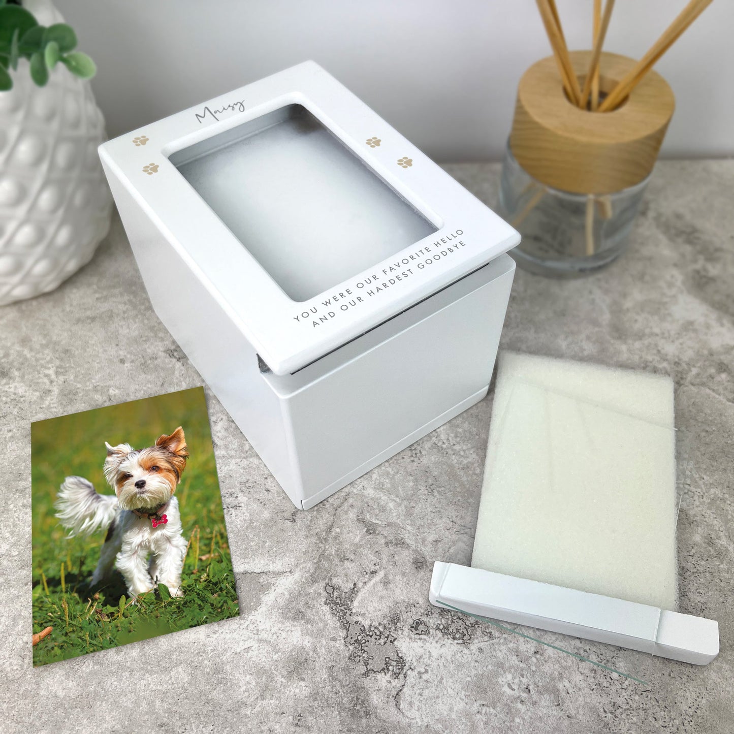 Personalised Neutral Paw Prints Cremation Urn For Pets Ashes Holds 9.5cm x 6cm Photo Landscape | 0.51 Litres