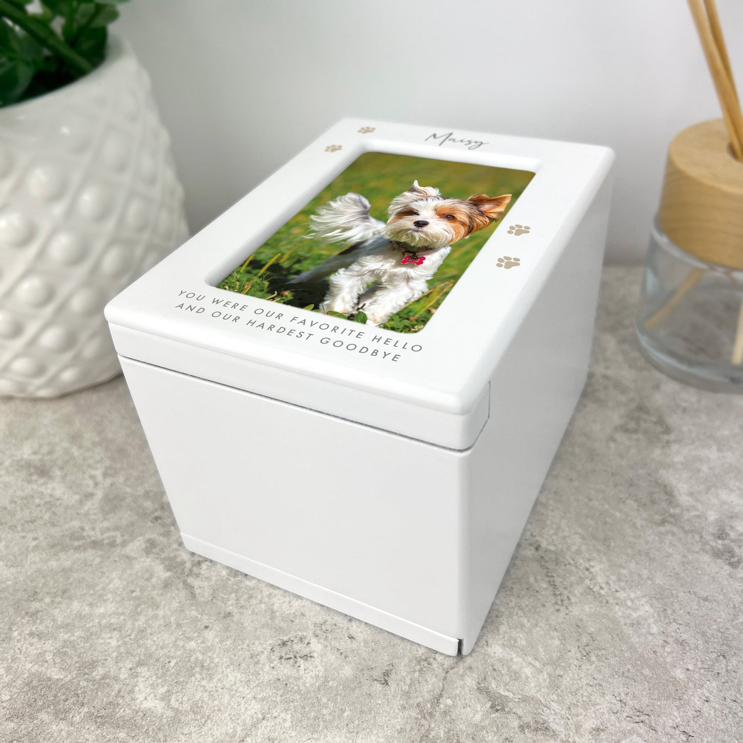 Personalised Neutral Paw Prints Cremation Urn For Pets Ashes Holds 9.5cm x 6cm Photo Landscape | 0.51 Litres