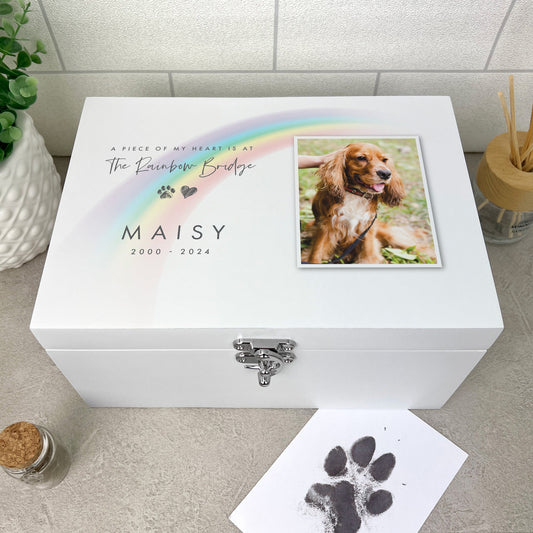 Personalised White Wooden Rainbow Bridge Pet Photo Memorial Keepsake Box - 3 Sizes (22cm | 27cm | 30cm)