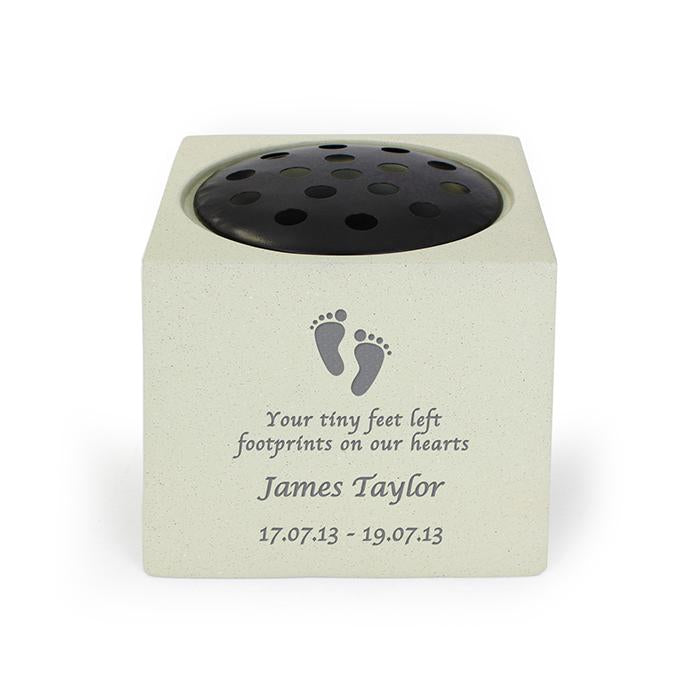 Personalised Graveside and Memorial Flower Holder. 'Your tiny feet left footprints on our hearts'. Child/Baby footprint motif.