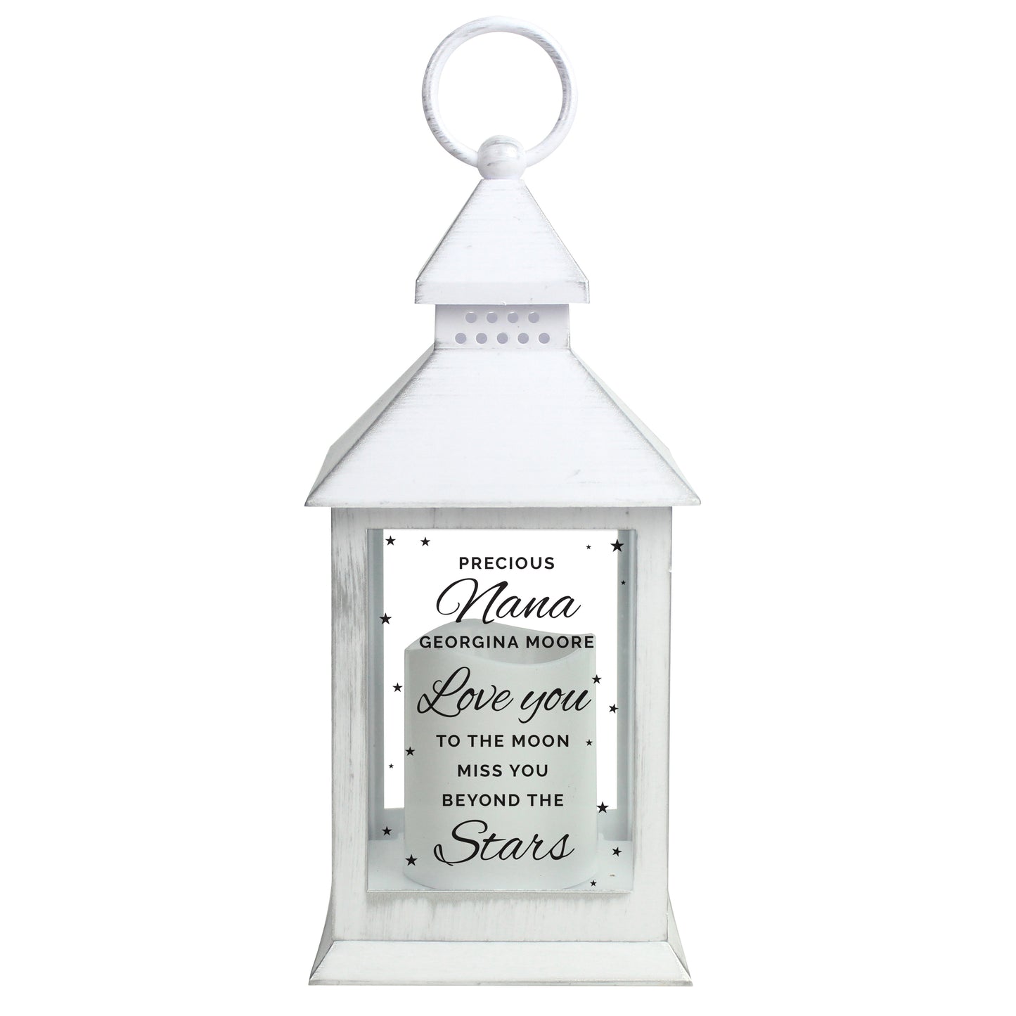 Personalised Memorial Lantern, White, 'Love you too the moon' Message