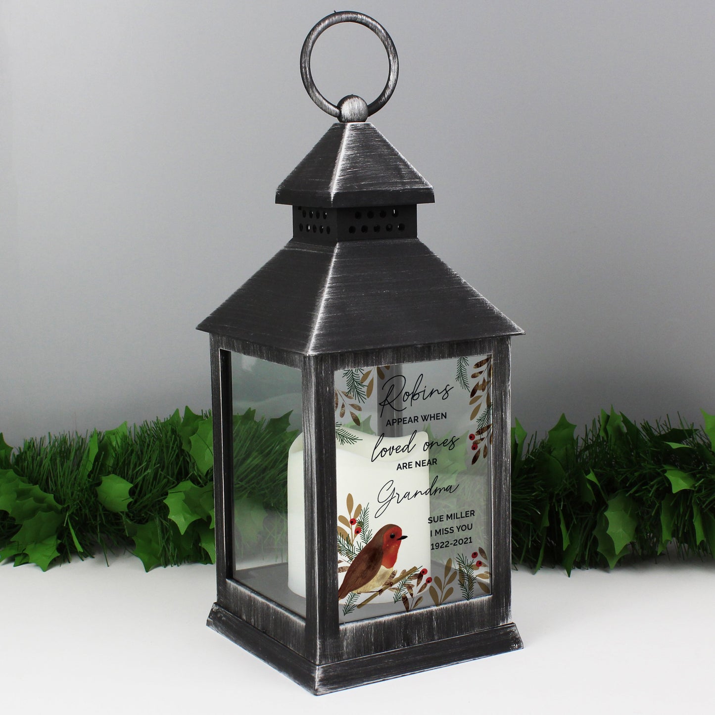 Personalised Robins Appear.. Memorial Black Lantern