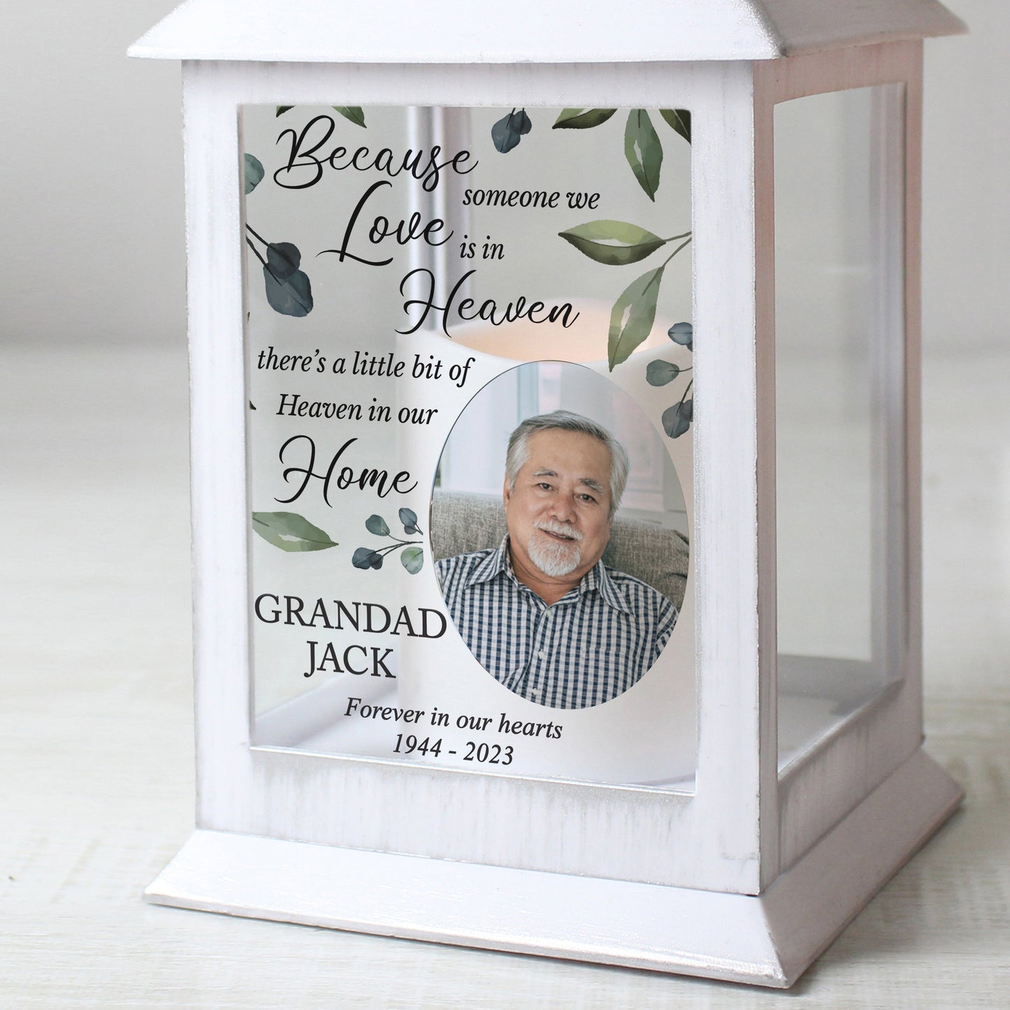 Personalised Botanical Memorial Photo Upload White Indoor Lantern