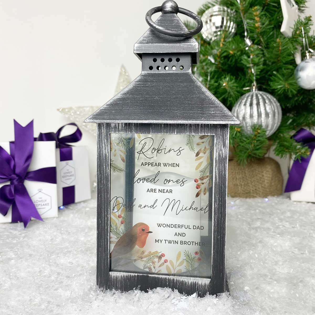 Personalised Robins Appear.. Memorial Black Lantern