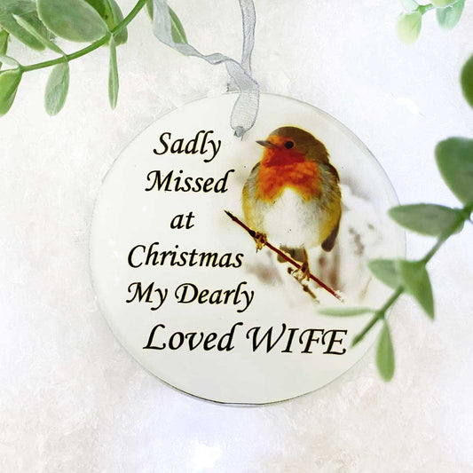 Robin 'Missed At Christmas' Glass Hanging Decoration - Wife
