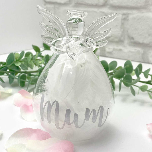 Personalised Memorial Angel. Clear Glass. Filled With White Feathers.
