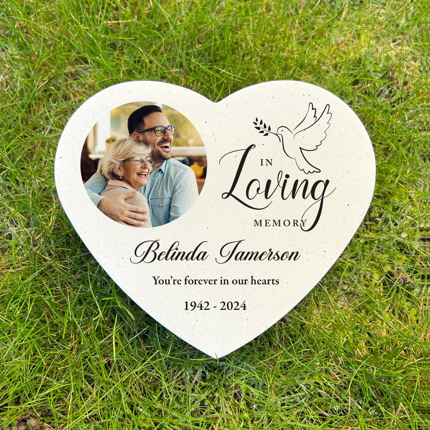 Personalised In Loving Memory Dove Photo Resin Heart Grave Marker