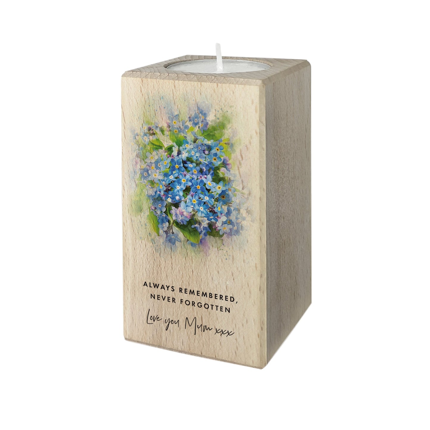 Personalised Forget-Me-Not Wooden Tea Light Holder - 2 Sizes