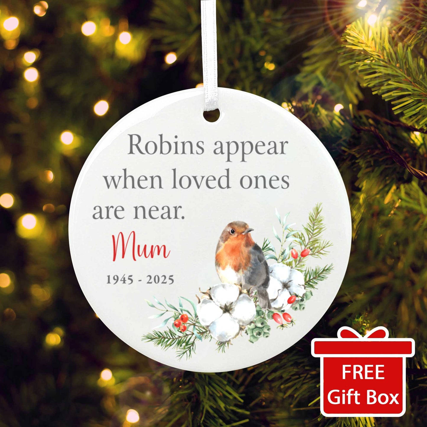 Robins Appear Ceramic Disc Hanging Decoration + Gift Box