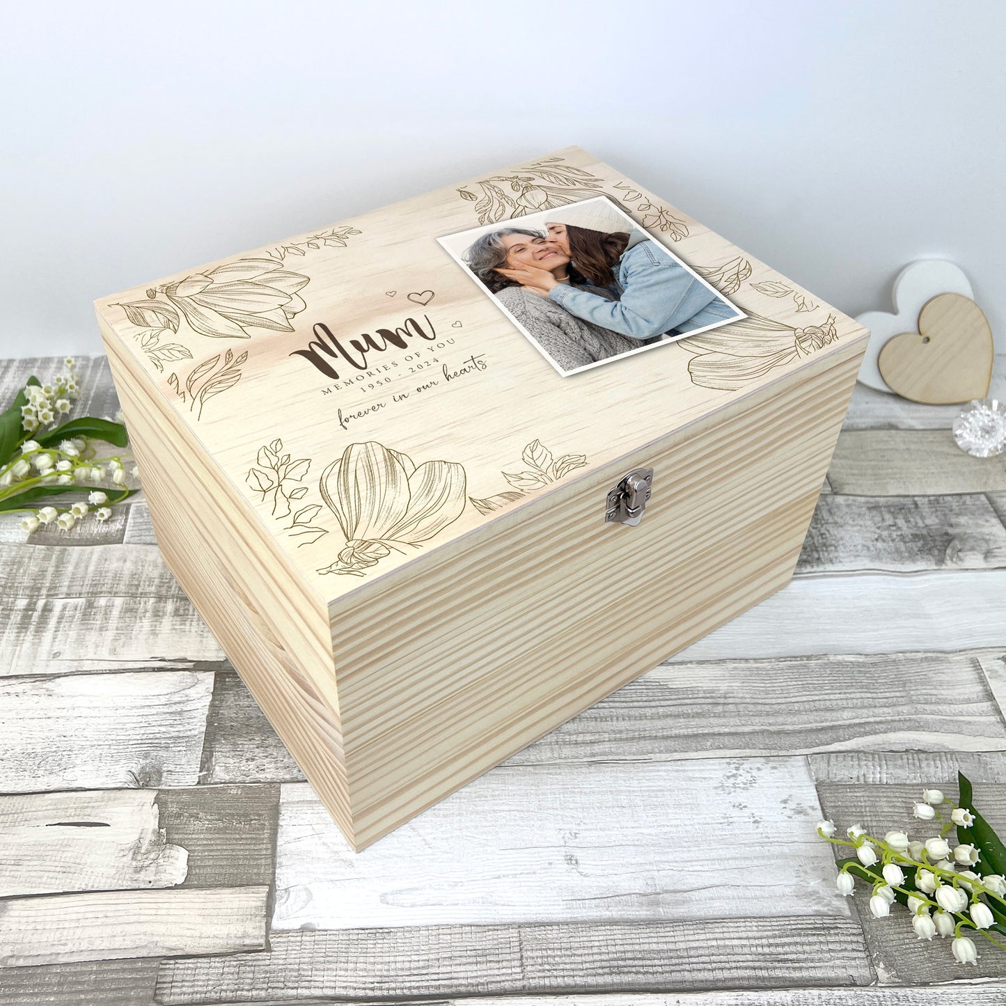 Personalised Floral Pine Wooden Memorial Photo Keepsake Memory Box - 5 Sizes (16cm | 20cm | 26cm | 30cm | 36cm)