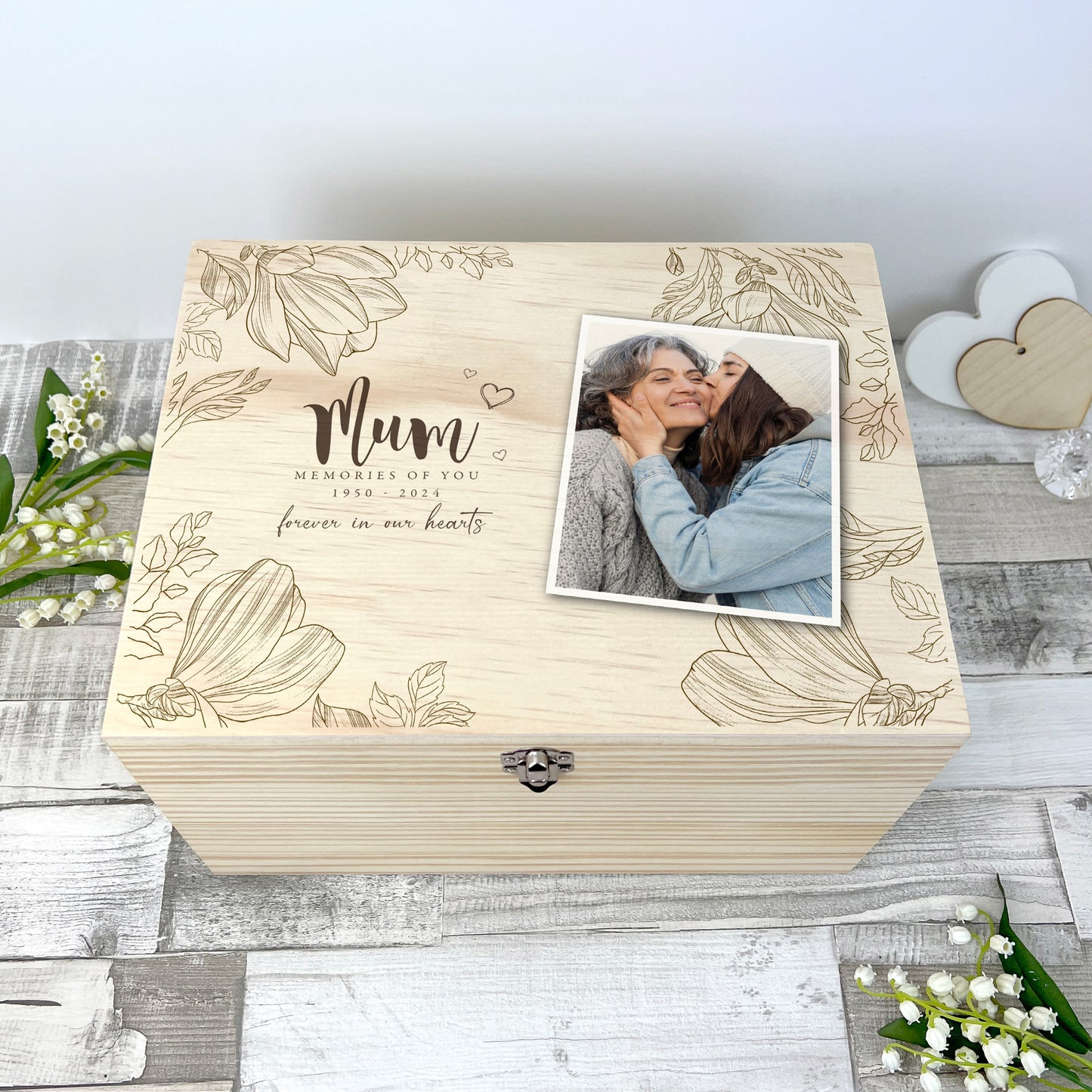 Personalised Floral Pine Wooden Memorial Photo Keepsake Memory Box - 5 Sizes (16cm | 20cm | 26cm | 30cm | 36cm)