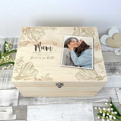 Personalised Floral Pine Wooden Memorial Photo Keepsake Memory Box - 5 Sizes (16cm | 20cm | 26cm | 30cm | 36cm)