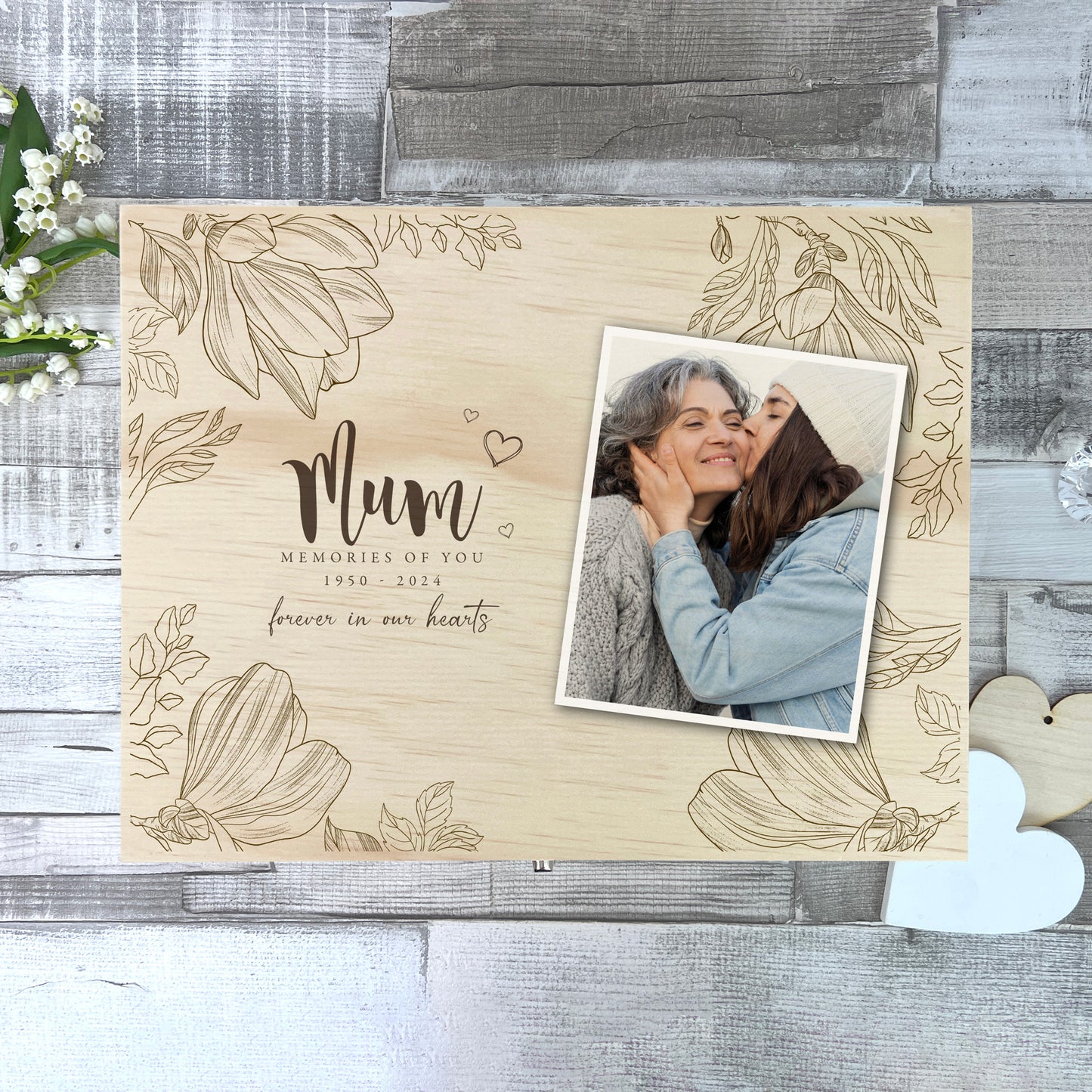 Personalised Floral Pine Wooden Memorial Photo Keepsake Memory Box - 5 Sizes (16cm | 20cm | 26cm | 30cm | 36cm)