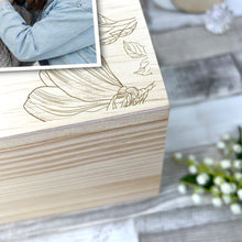 Load image into Gallery viewer, Personalised Floral Pine Wooden Memorial Photo Keepsake Memory Box - 4 Sizes (20cm | 26cm | 30cm | 36cm)