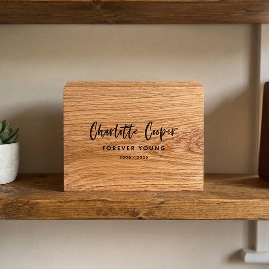 Personalised Slim Oak Urn For Cremation Ashes - Modern Script Design