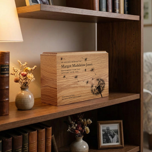 Personalised Slim Oak Urn For Cremation Ashes - Dandelion Design