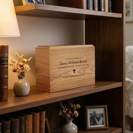 Personalised Slim Oak Urn For Cremation Ashes - Name & Icon Design