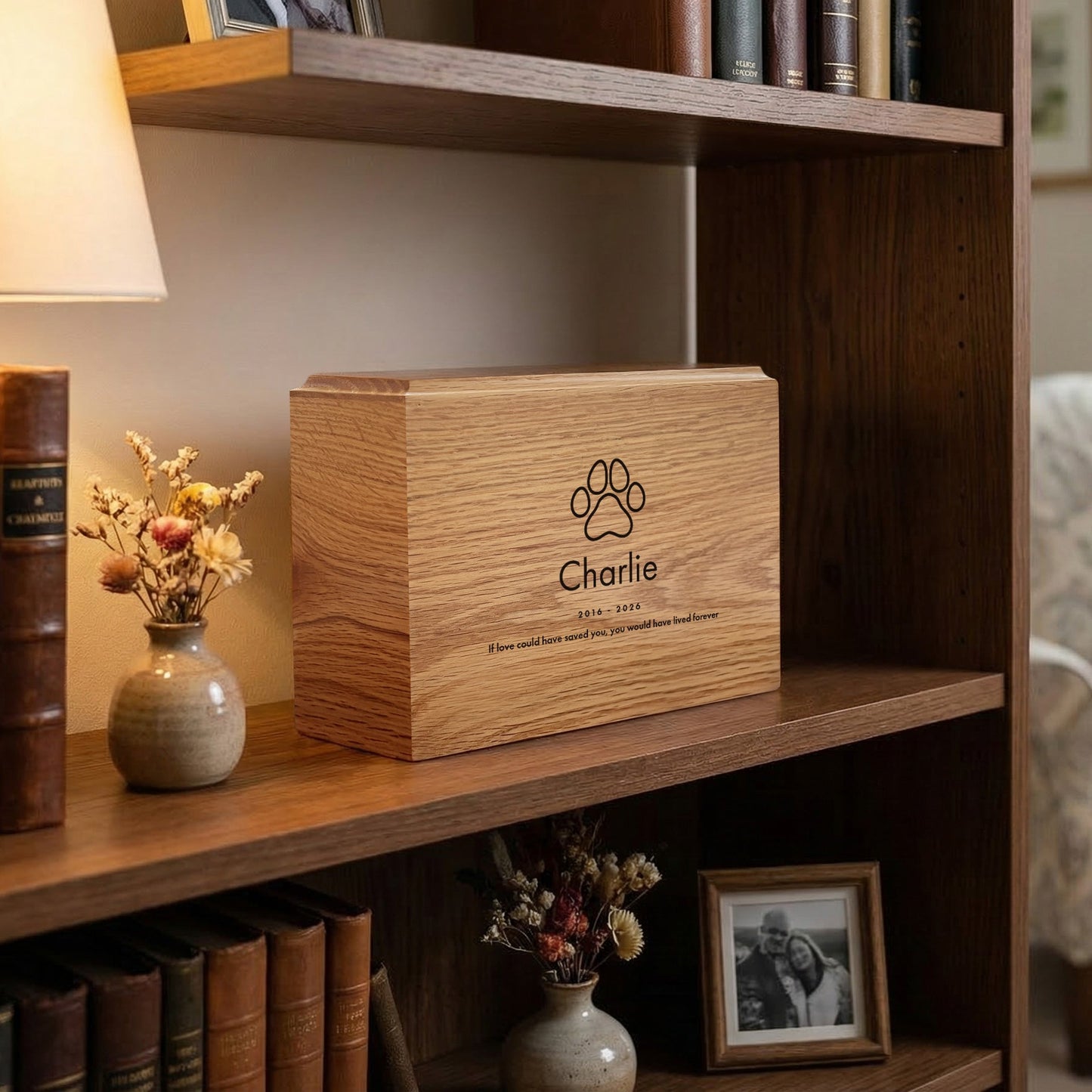 Personalised Slim Pet Oak Urn For Cremation Ashes - Dog/Cat Design