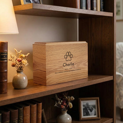 Personalised Slim Pet Oak Urn For Cremation Ashes - Dog/Cat Design