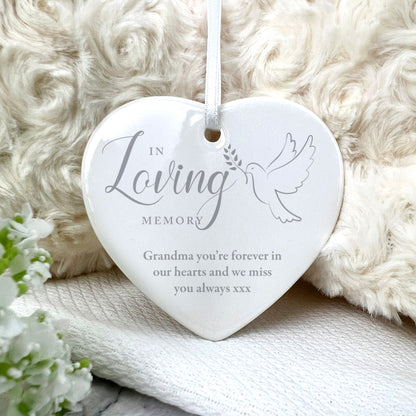 In Loving Memory Dove Ceramic Heart Hanging Decoration + Gift Box