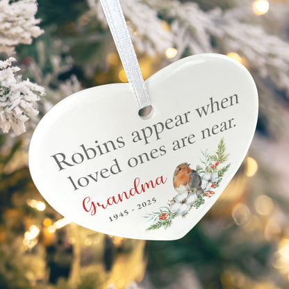 Robins Appear Ceramic Heart Hanging Decoration + Gift Box
