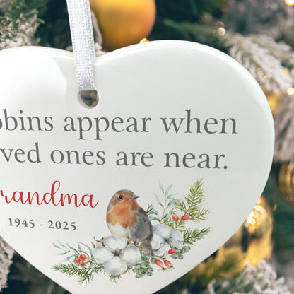 Robins Appear Ceramic Heart Hanging Decoration + Gift Box