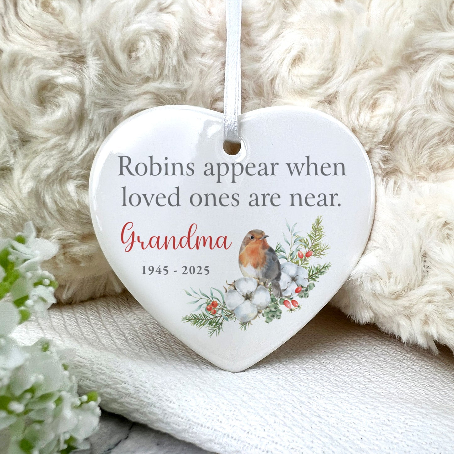 Robins Appear Ceramic Heart Hanging Decoration + Gift Box