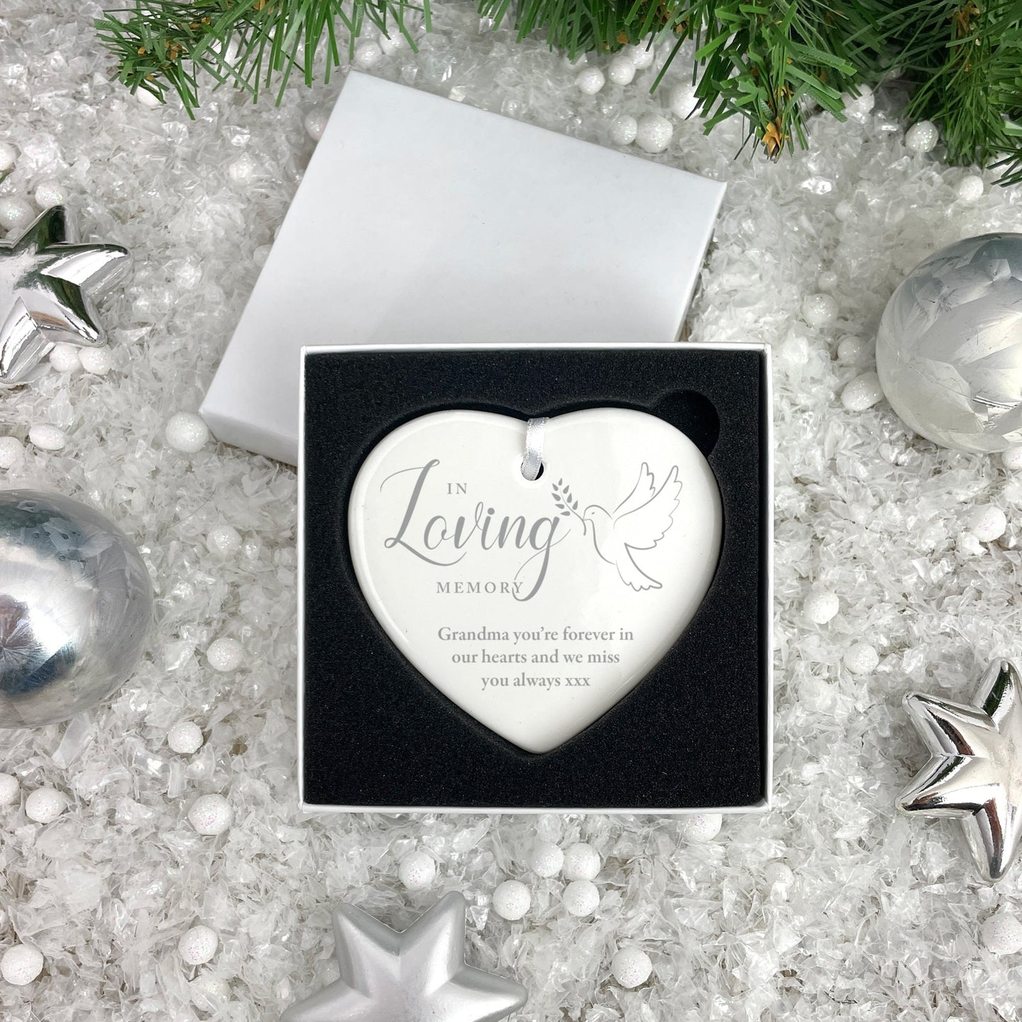 In Loving Memory Dove Ceramic Heart Hanging Decoration + Gift Box