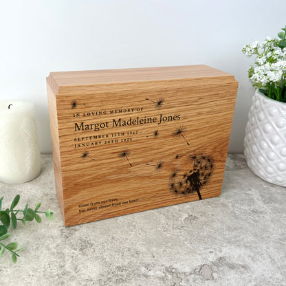 Personalised Slim Oak Urn For Cremation Ashes - Dandelion Design