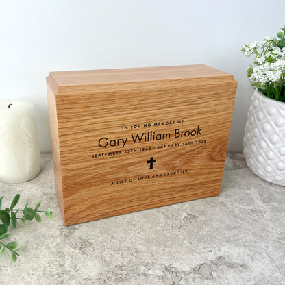 Personalised Slim Oak Urn For Cremation Ashes - Name & Icon Design