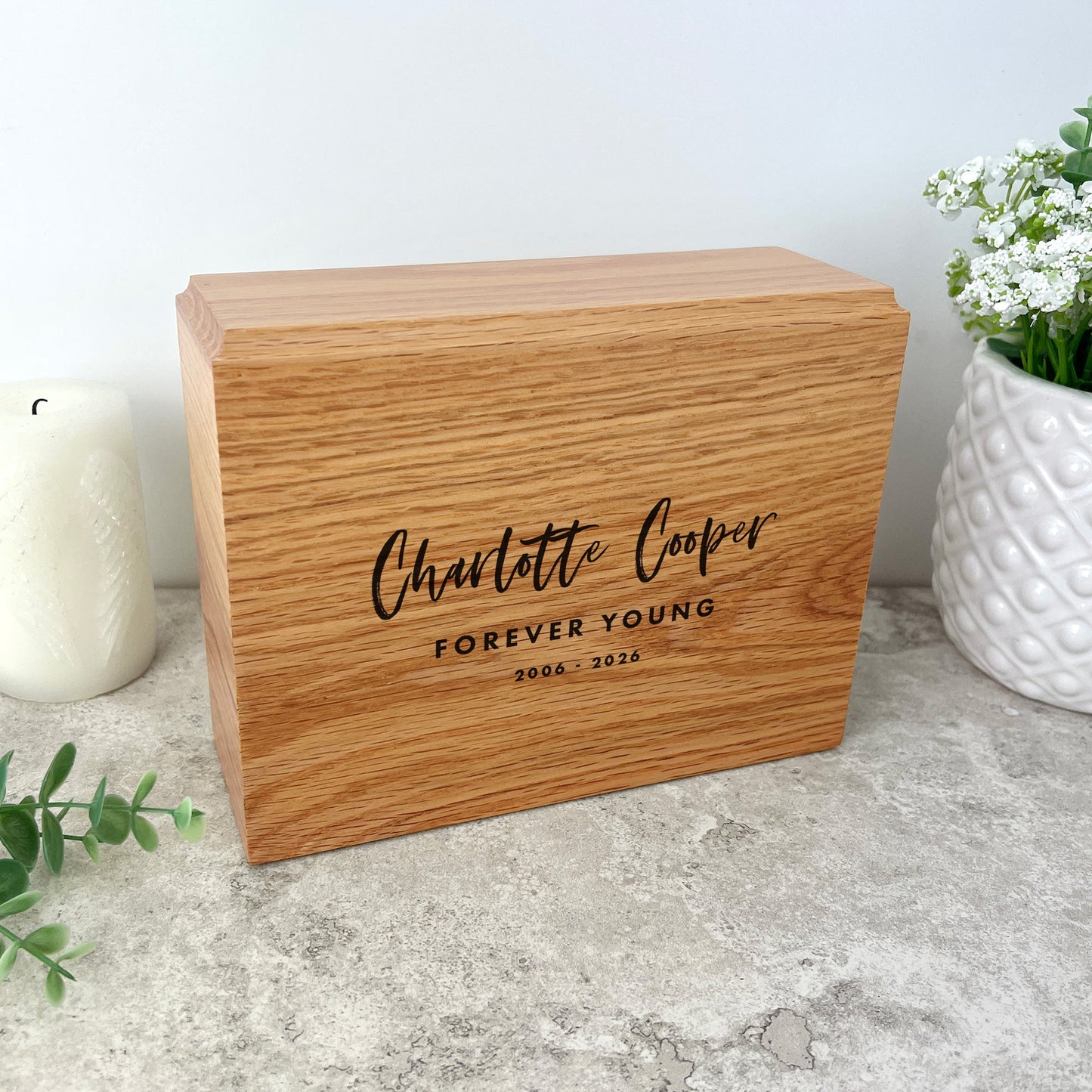 Personalised Slim Oak Urn For Cremation Ashes - Modern Script Design