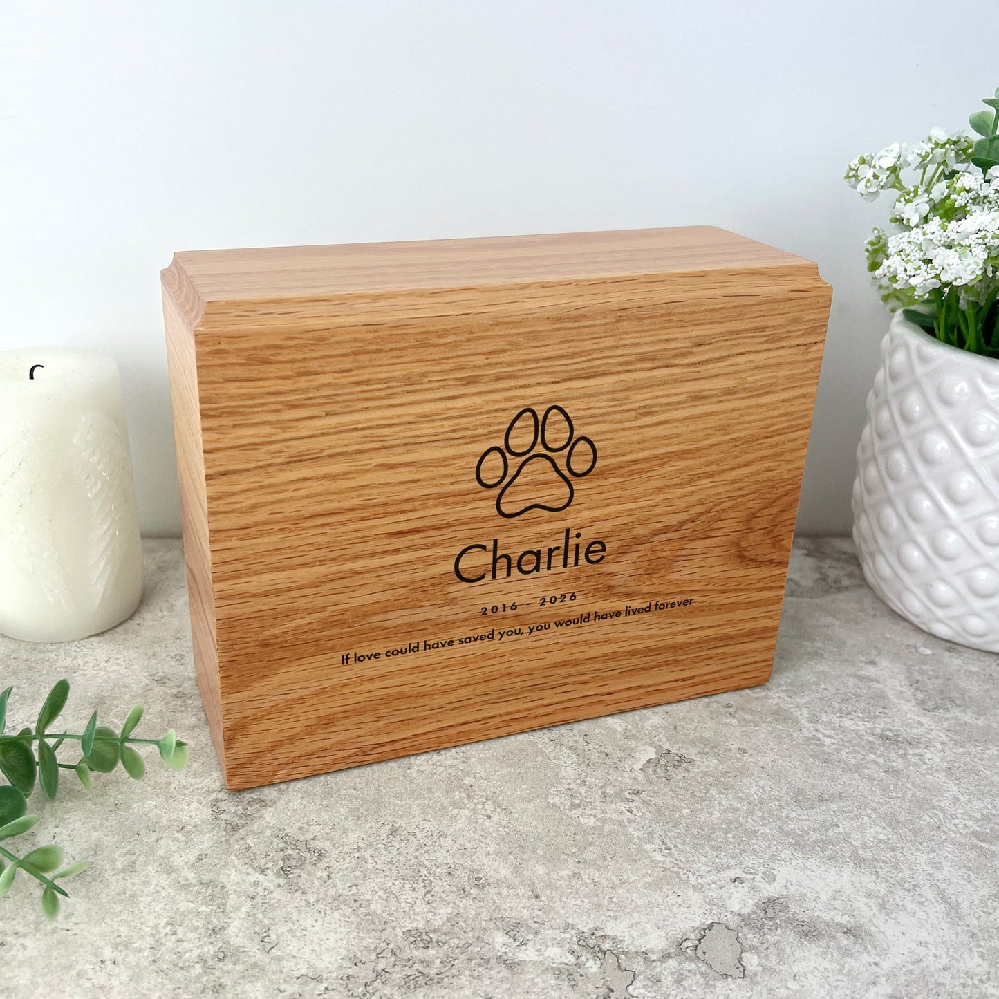 Personalised Slim Pet Oak Urn For Cremation Ashes - Dog/Cat Design