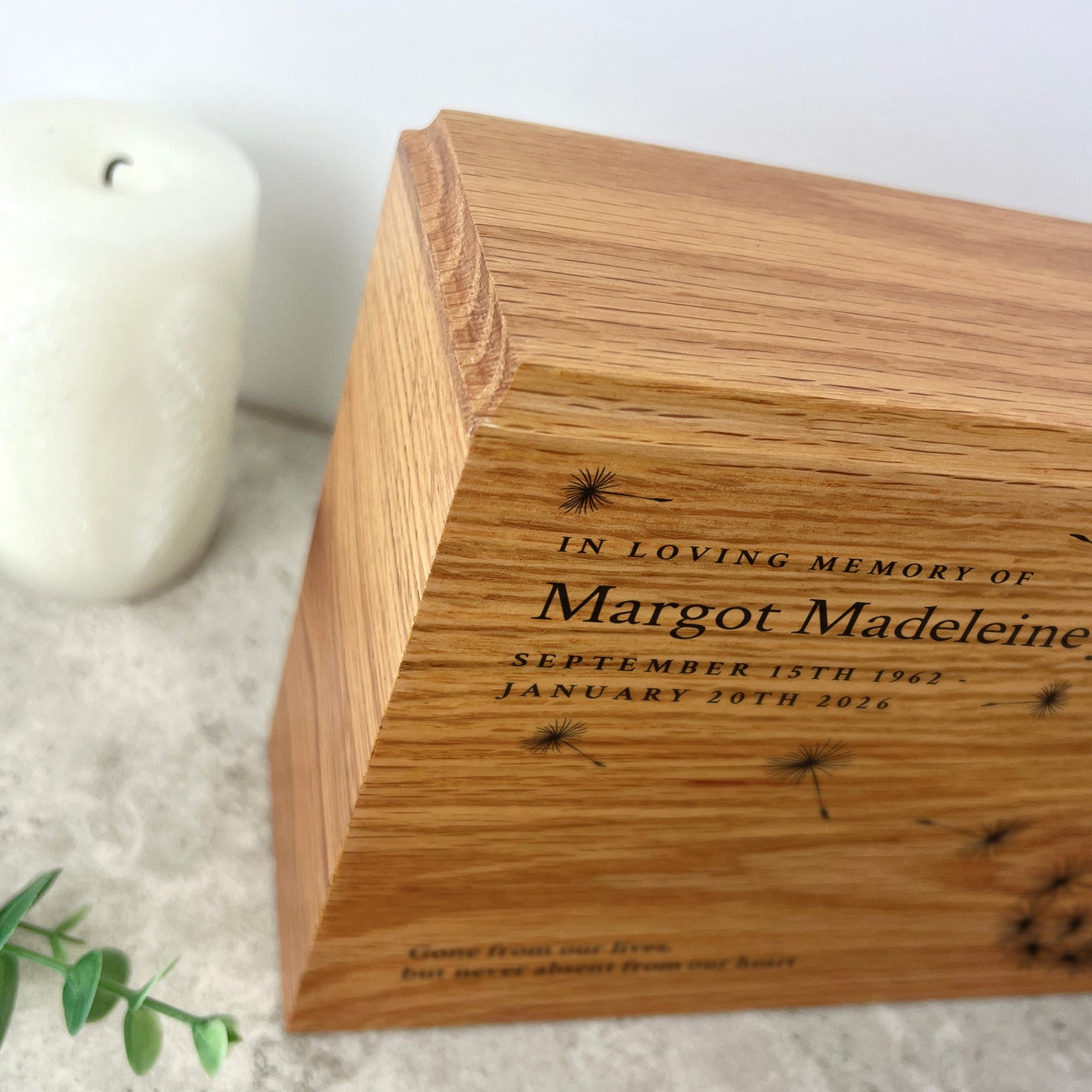 Personalised Slim Oak Urn For Cremation Ashes - Dandelion Design