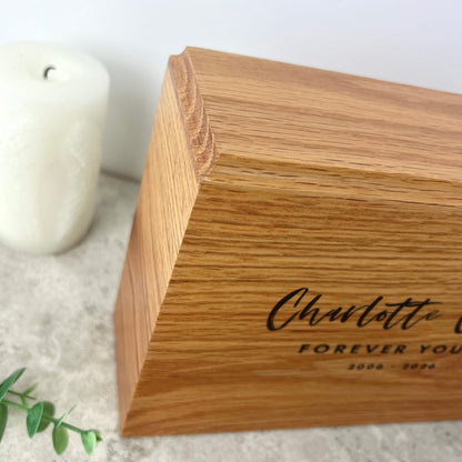 Personalised Slim Oak Urn For Cremation Ashes - Modern Script Design