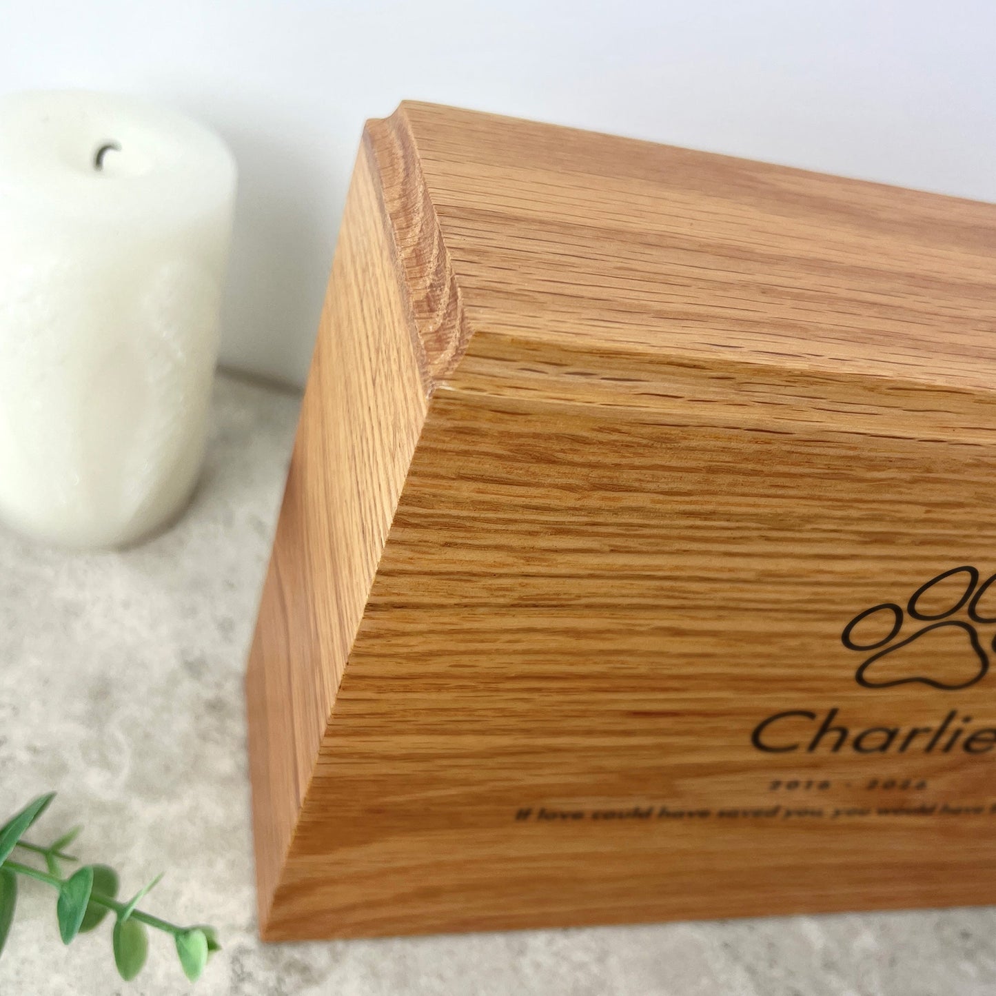 Personalised Slim Pet Oak Urn For Cremation Ashes - Dog/Cat Design