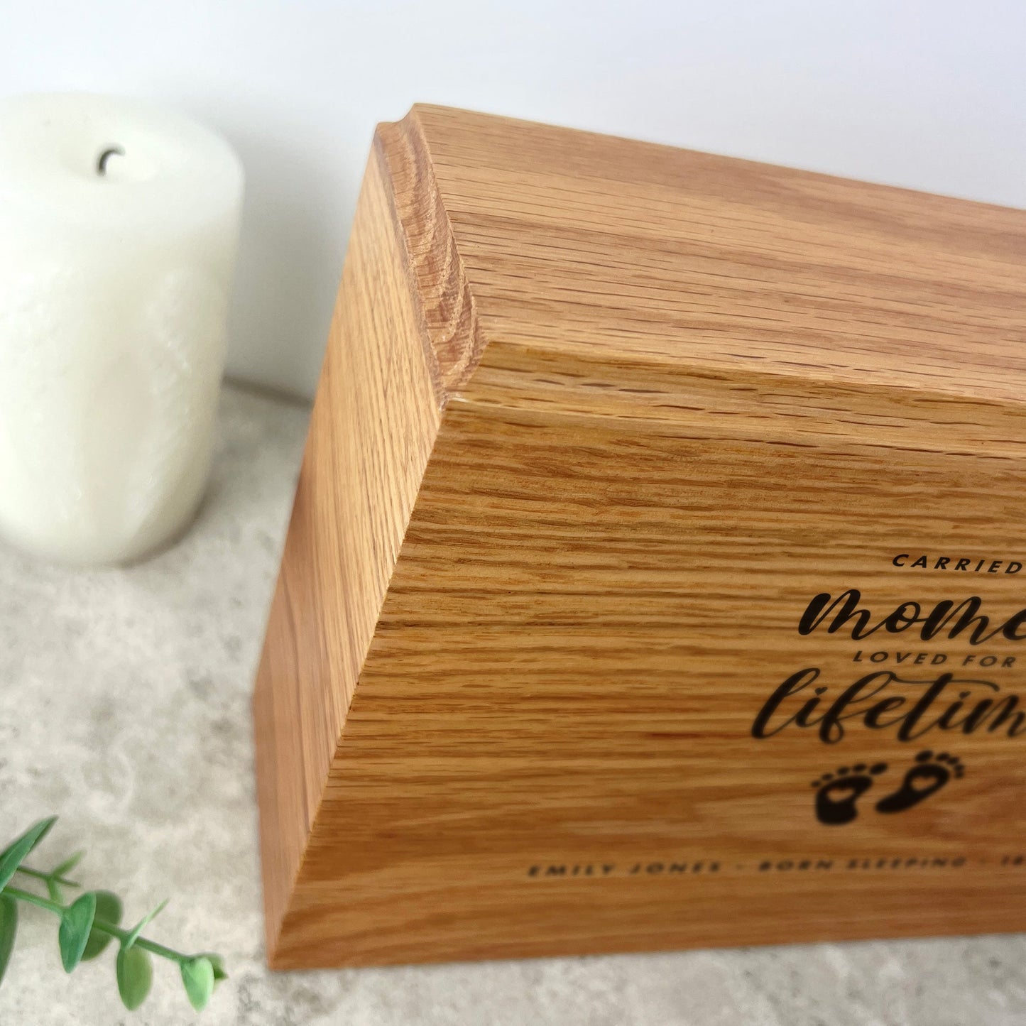 Personalised Slim Oak Urn For Cremation Ashes - Angel Baby Design