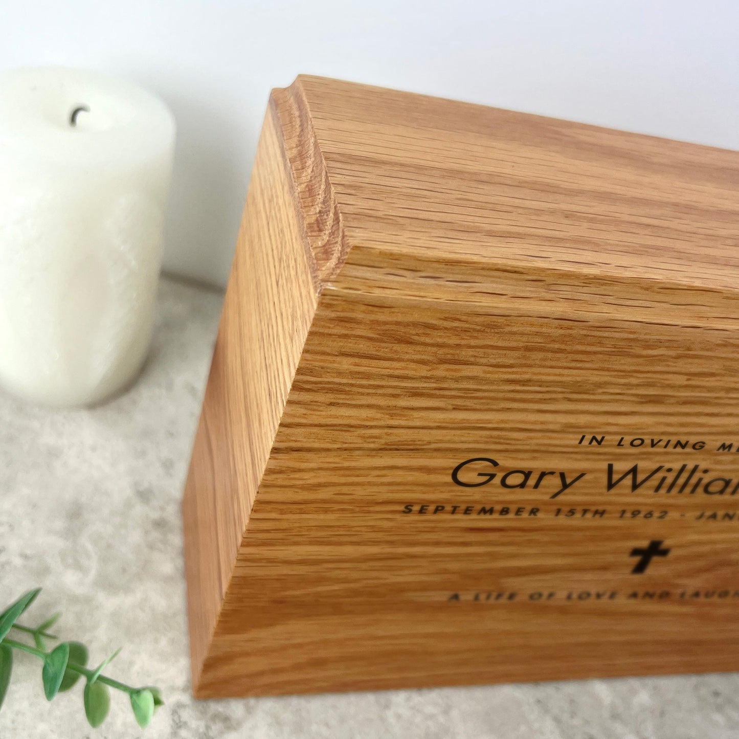 Personalised Slim Oak Urn For Cremation Ashes - Name & Icon Design