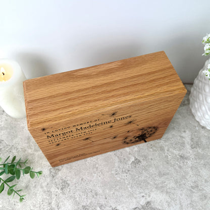 Personalised Slim Oak Urn For Cremation Ashes - Dandelion Design