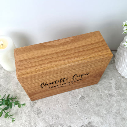 Personalised Slim Oak Urn For Cremation Ashes - Modern Script Design