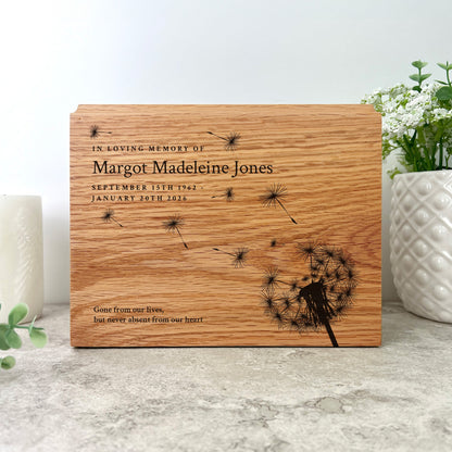 Personalised Slim Oak Urn For Cremation Ashes - Dandelion Design