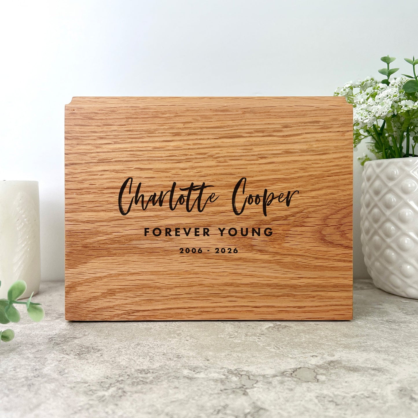 Personalised Slim Oak Urn For Cremation Ashes - Modern Script Design