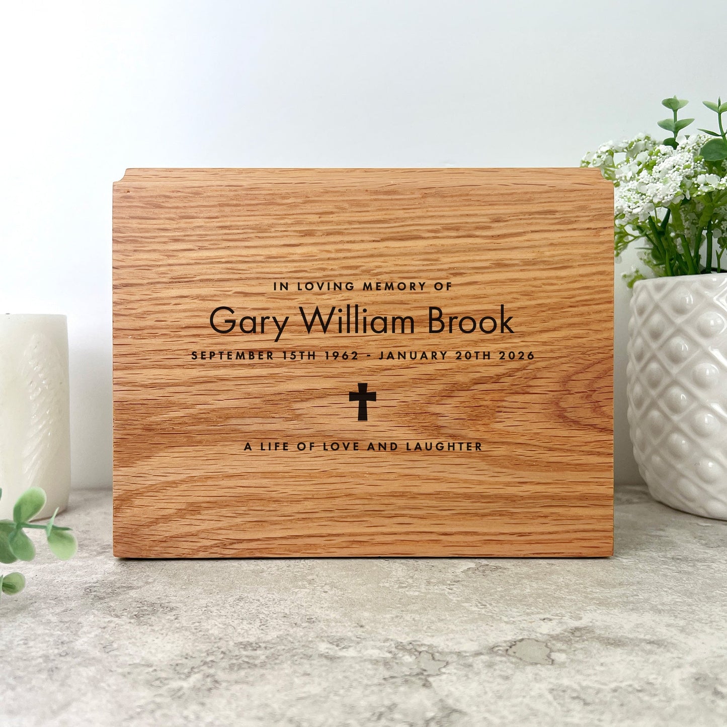 Personalised Slim Oak Urn For Cremation Ashes - Name & Icon Design