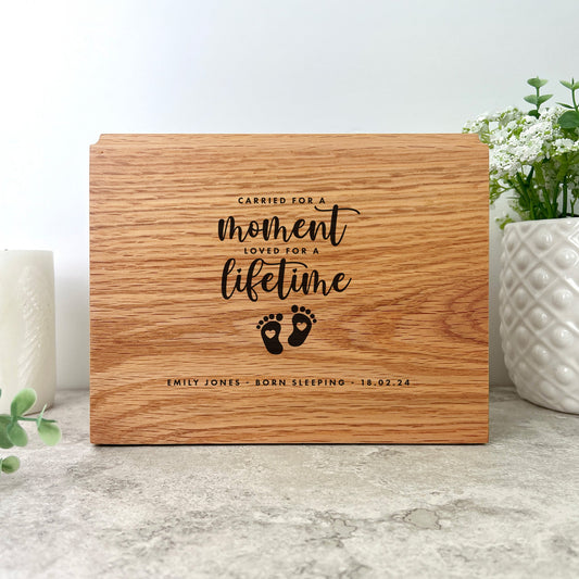 Personalised Slim Oak Urn For Cremation Ashes - Angel Baby Design